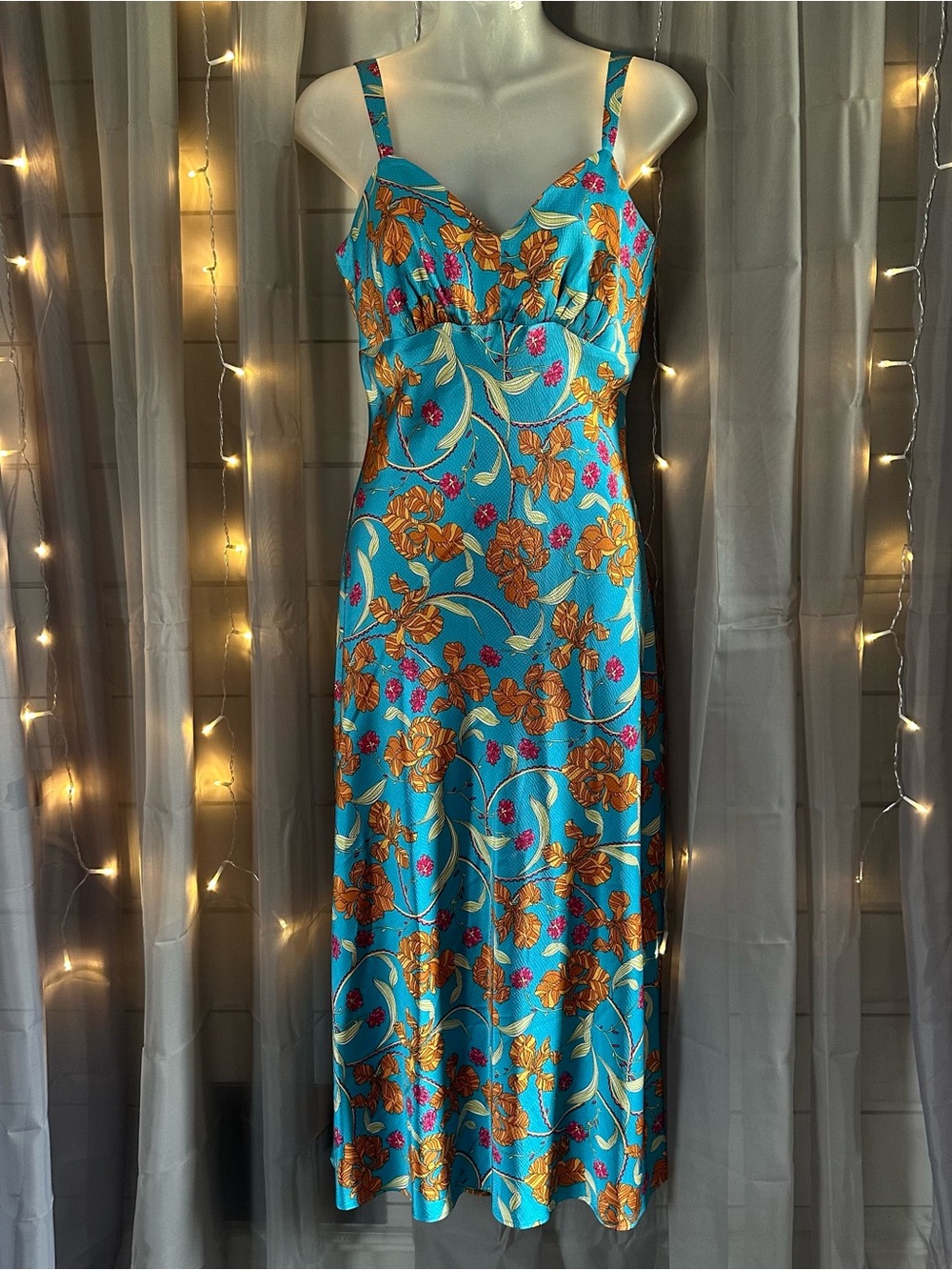 Sofia Vergara Carlie Midi Dress Iris Tropicana Teal Floral Print Women's XS